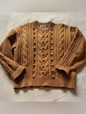 Sézane Cable Knit Sweater in Caramel with Pom Detail (M)